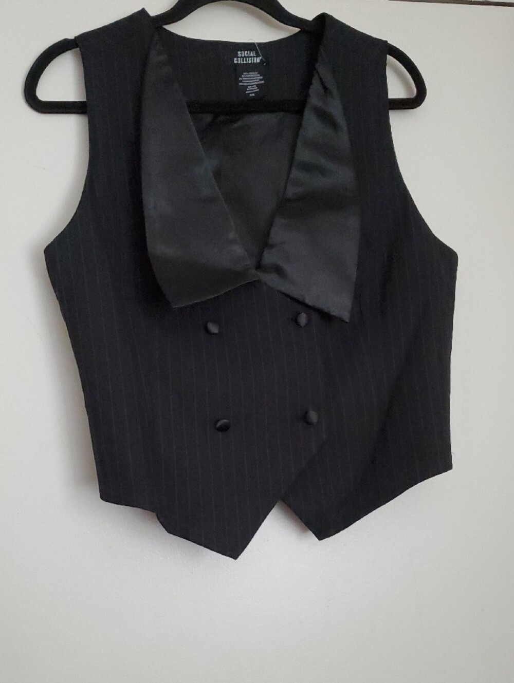 Social Collision Black Pinstripe Double-Breasted Girls Satin-Lapel Vest - Picture 7 of 14